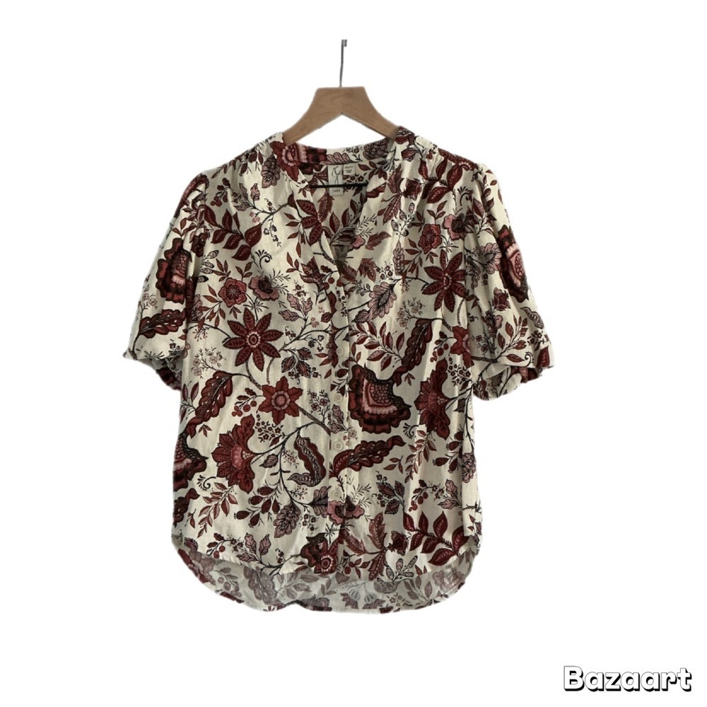 Joie Floral Blouse Cream Red Boho Top Romantic Button-Down‎ linen blend